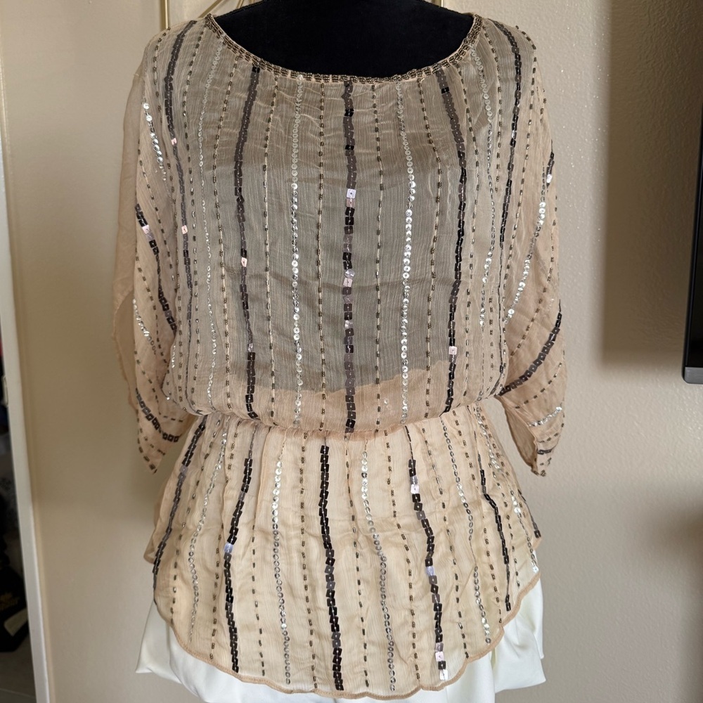 Y2K Beaded Sheer Batwing Blouse Champagne Gold | New Without Tags | Size S - Picture 2 of 14